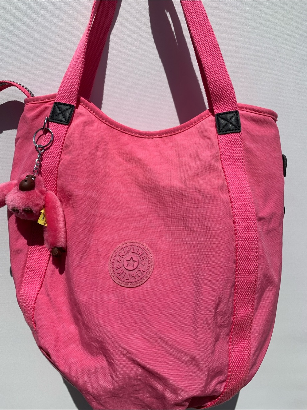 Kipling Bright Pink Canvas Tote with Monkey Charm Travel Purse